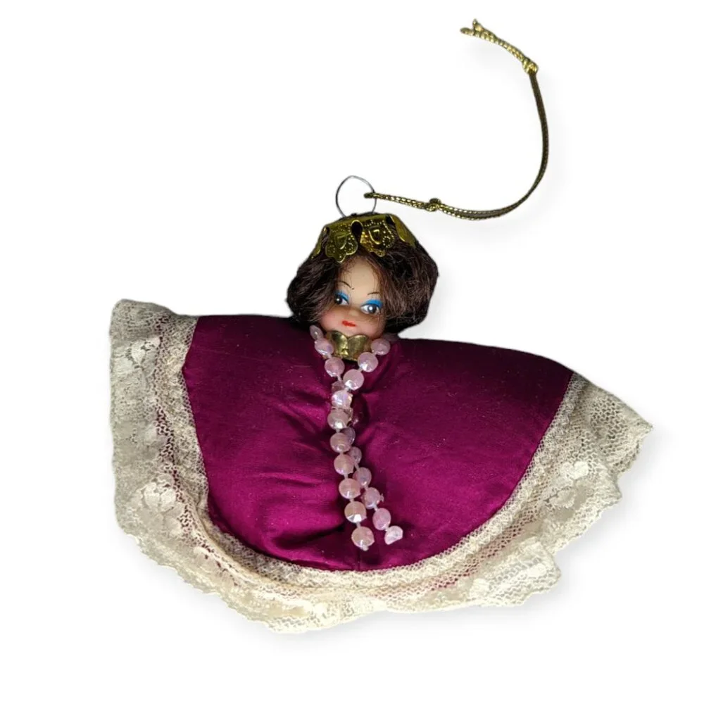 Vintage Doll Christmas Ornament with Maroon Stuffed Body